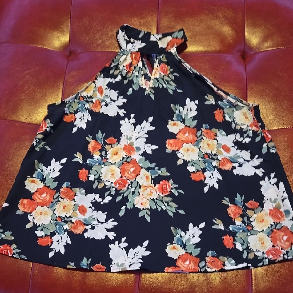 Floral Halter Neck Top - Black and Orange